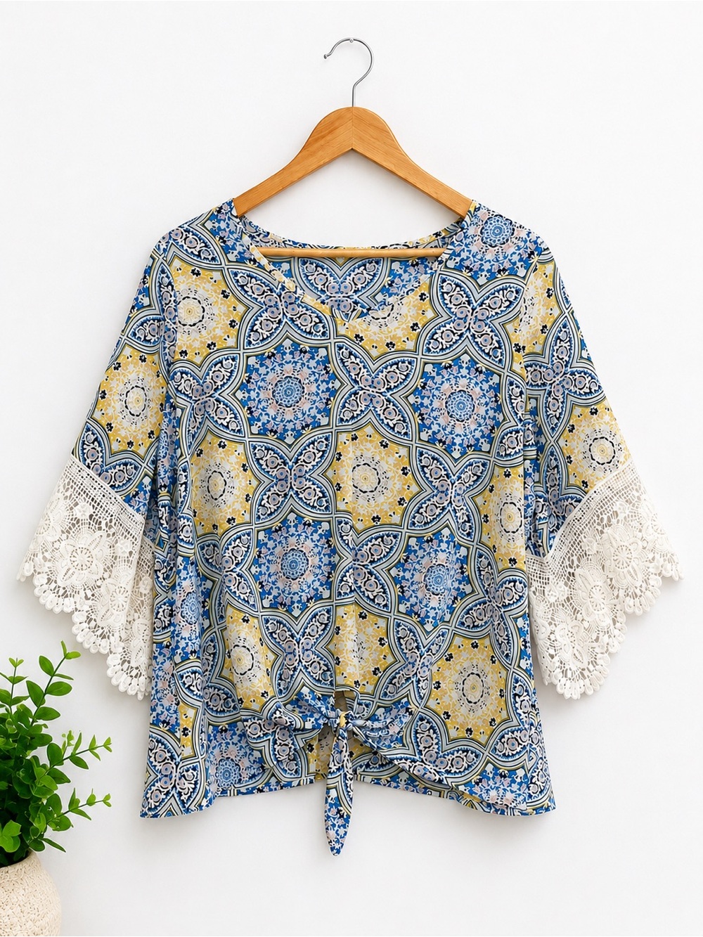 Chenault Women's Tie Front Crochet Sleeve Top - Size 1X